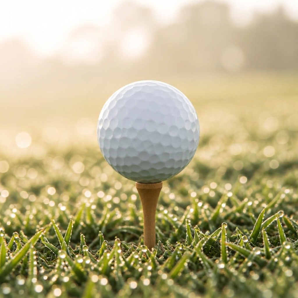 Golf ball on a wooden tee in dewy morning grass